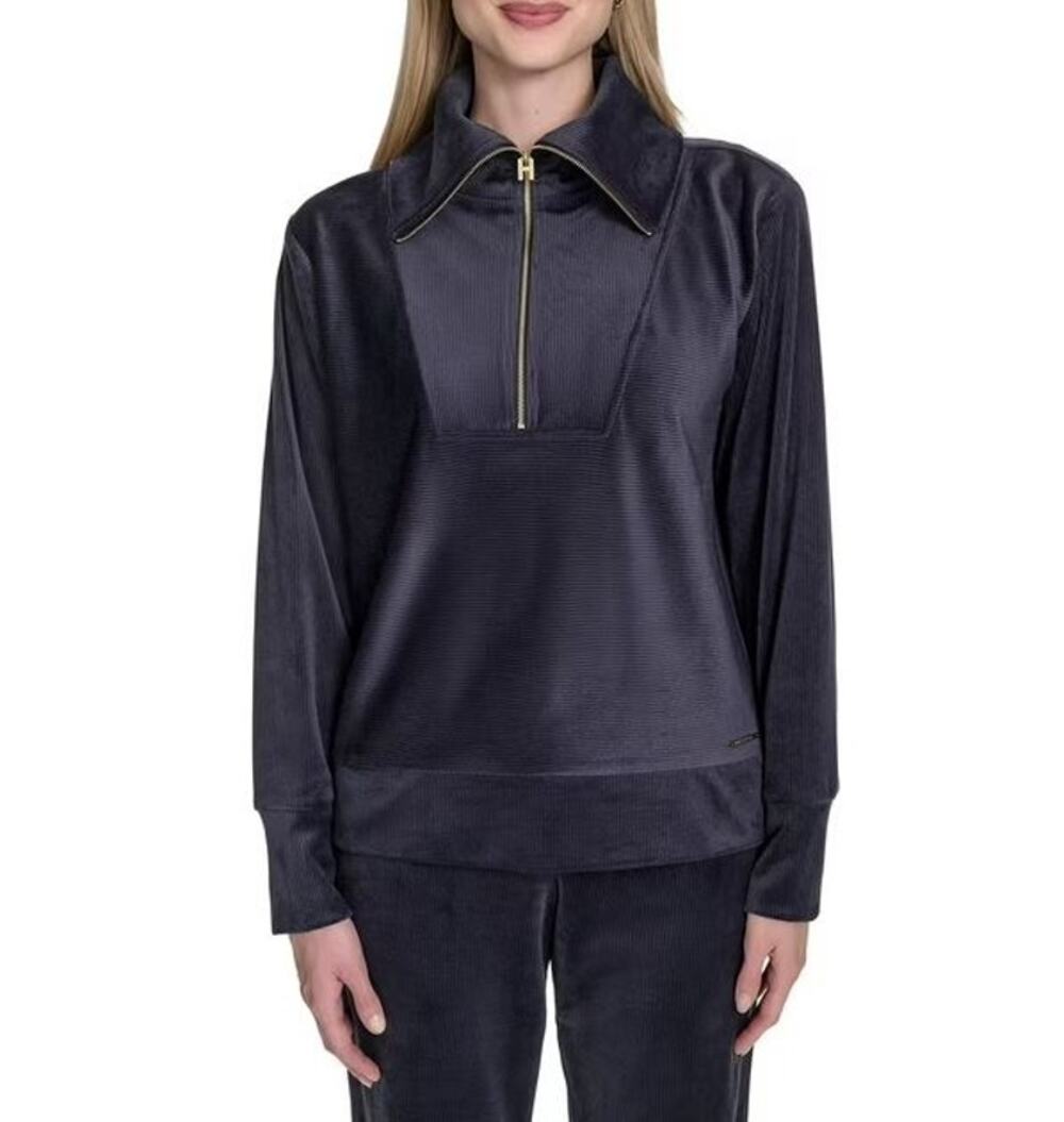 Halston Womens Blue Velour Quarter Zip Funnel Neck Pullover Sweatshirt Size M